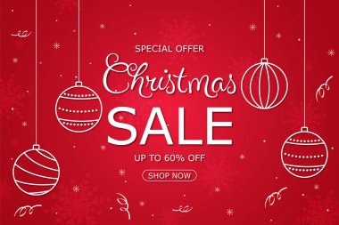 Kırmızı arka planda takılar asılı Noel indirim şablonu