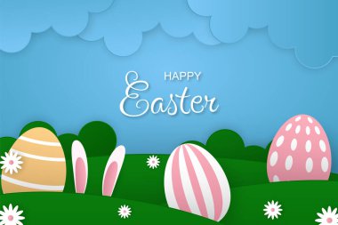 Paskalya arkaplanı ve kağıt biçiminde Paskalya yumurtaları.