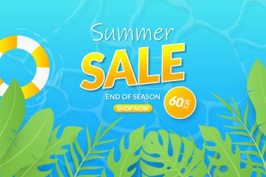 Tropikal yapraklı yaz indirimi afişi arkaplanı