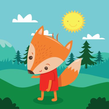 A cartoon vector illustration of a cute fox in the woods.