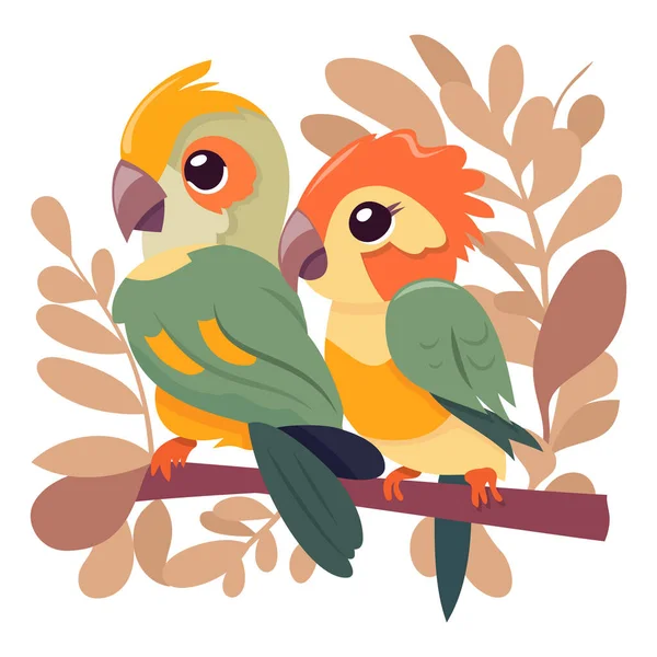 Cartoon Vector Illustration Two Cute Parrots Perching Tree Branch — Stock Vector