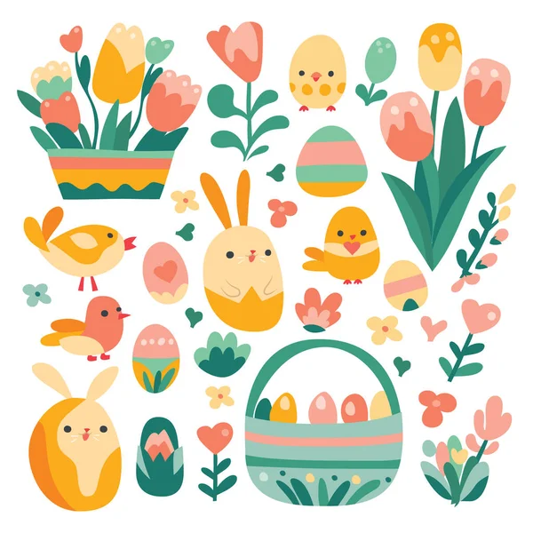 Paskalya Yumurtaları Paskalya Tavşanları Bahar Çiçekleri Laleler Daha Fazlası Gibi — Stok Vektör