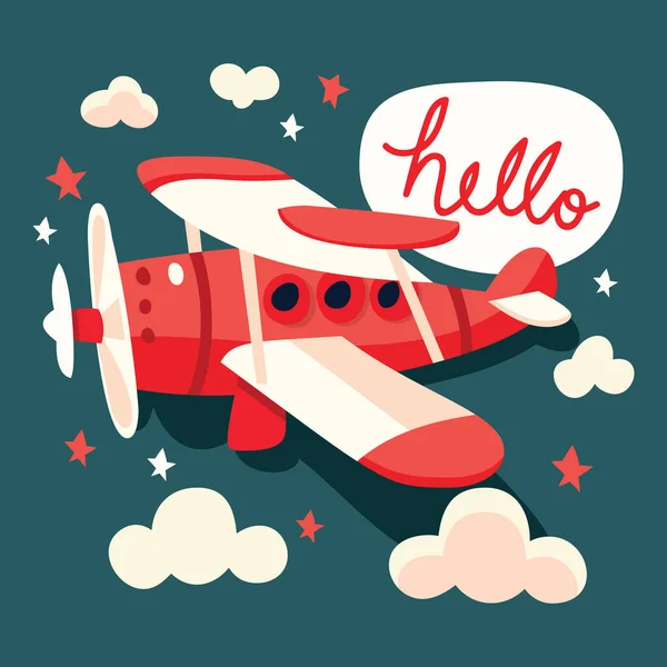 Cartoon Vector Illustration Red Retro Plane Hello Phrase — Stock Vector