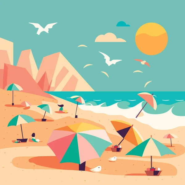 Векторная Иллюстрация Веселой Пляжной Сцены — стоковый вектор