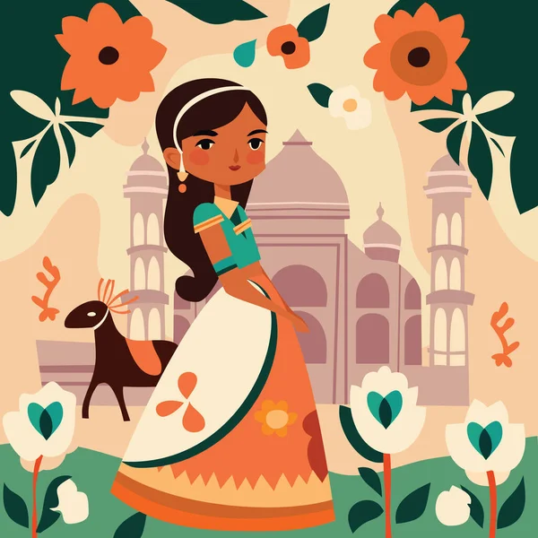 Illustration Vectorielle Dessin Animé Une Mignonne Indienne Traditionnelle Devant Bâtiment — Image vectorielle