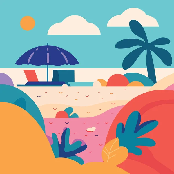 Ein Cartoon Vektor Illustration Der Bunten Spaß Strand Szene Illustration — Stockvektor