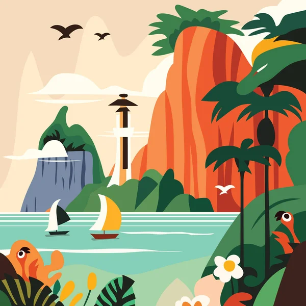 Egy Rajzfilm Vektor Illusztrációja Egy Trópusi Utazási Jelenet — Stock Vector