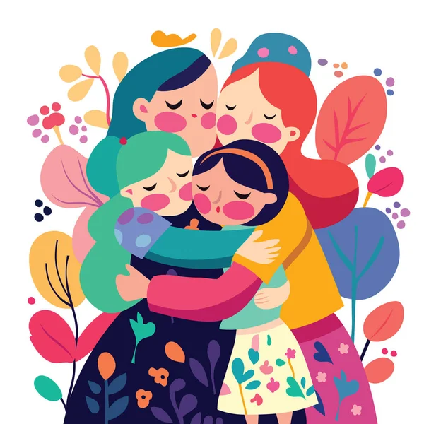 一个由四个女孩组成的家庭以异想天开的五彩缤纷的风格拥抱的卡通画 — 图库矢量图片