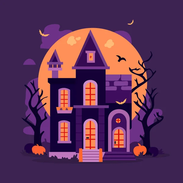 紫とオレンジのトーンでハロウィンお化け屋敷の漫画のベクトルイラスト — ストックベクタ