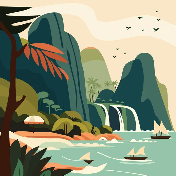 Uma Ilustração Vetorial Desenhos Animados Uma Cena Viagem Tropical —  Vetores de Stock