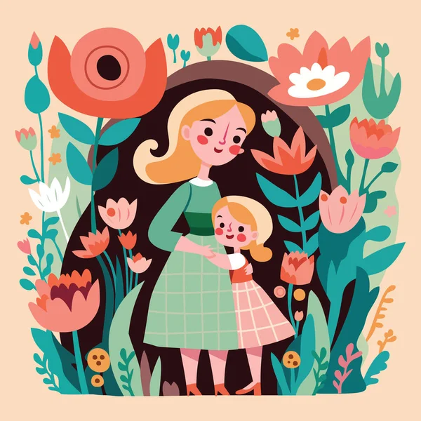 巨大な花に囲まれたかわいい母と娘の漫画のベクトルイラスト — ストックベクタ