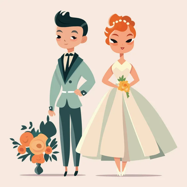 Eine Cartoon Vektor Illustration Eines Retro Niedlichen Hochzeitspaares — Stockvektor