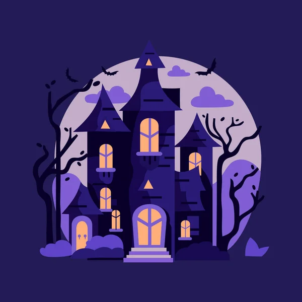 紫色のトーンでハロウィーンのハンティングハウスの漫画ベクターイラスト — ストックベクタ