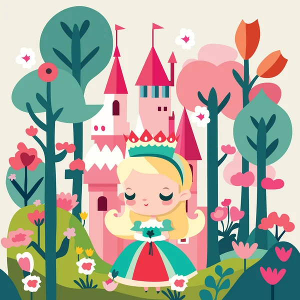 Uma Ilustração Vetorial Desenhos Animados Uma Princesa Castelo Rosa Terra Vetor De Stock