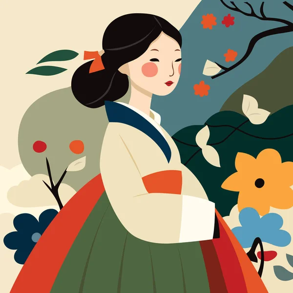Geleneksel Hanbok Elbiseli Koreli Kızın Çizgi Film Çizimi Stok Illüstrasyon