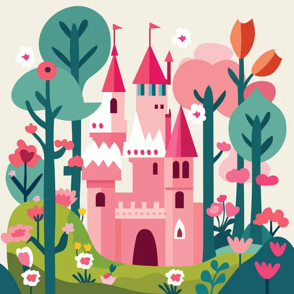 Eine Cartoon Vektor Illustration Eines Rosa Schlosses Märchenland lizenzfreie Stockvektoren