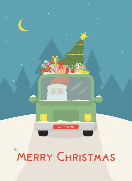 Santa Claus Driving Green Car Christmas Tree Gift Boxes Concept — Stock Vector