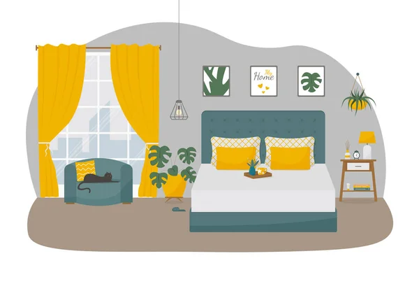 Gemütliche Schlafzimmereinrichtung Mit Doppelbett Und Schwarzer Katze Konzeptvektorillustration Flachen Stil — Stockvektor