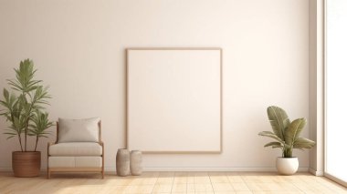 Minimalist bir poster modeli sıcak, doğal ışıklandırılmış bir oturma odasında sergileniyor. Sahnede yumuşak nötr renkler, ahşap döşemeler, rahat mobilyalar ve zarif dekoratif unsurlar yer alıyor.. 