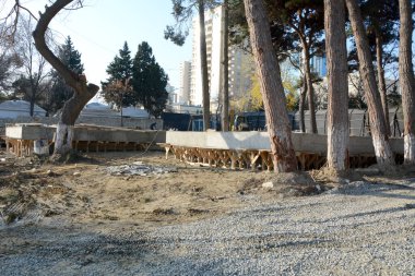 Bakü şehrindeki bir parkta inşaat ve yeniden yapılanma çalışmaları. Ağaçlar arasında beton dökme işi