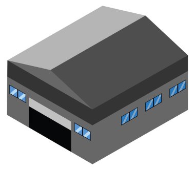 İzole edilmiş vektör deposu. Depo ikonu. İçinde malzemeler olan bir depo ve önünde de bir forklift..