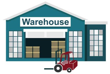 İzole edilmiş vektör deposu. Depo ikonu. İçinde malzemeler olan bir depo ve önünde de bir forklift..
