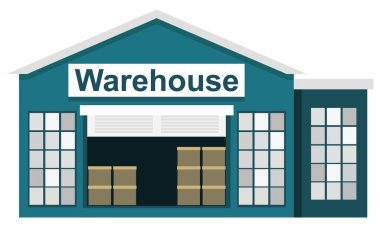 İzole edilmiş vektör deposu. Depo ikonu. İçinde malzemeler olan bir depo ve önünde de bir forklift..