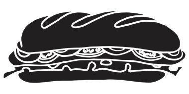 Fast food ikonu. Hamburger sandviç ikonu. İzole edilmiş vektör burger, beyaz arkaplanda siyah çizgiler var.