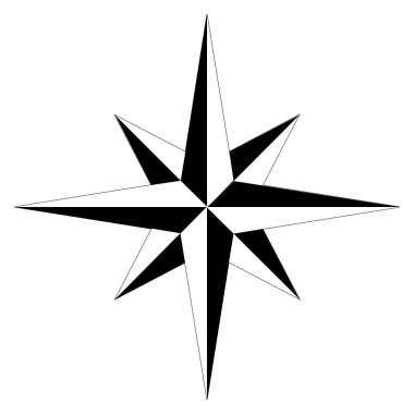 Compass rose, showing the four cardinal directions North, East, South and West, the four intercardinal directions, and eight more divisions. Also known as wind rose, rose of the winds or compass star.