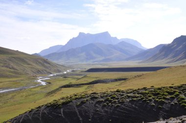 Dağ manzarası ve nehir ön plandadır, dağ yamaçları yeşil ağaçlarla kaplıdır. Yaz günü dağ manzarası.