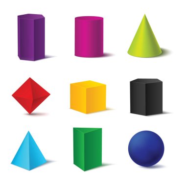 Gerçekçi Ayrıntılı 3d Renk Temel Şekilleri İzole Küp, Silindir, Küre ve Koni dahil. Vektör illüstrasyonu