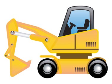 Beyaz arka planda izole edilmiş sarı kazıcı düz vektör illüstrasyonu, ağır inşaat ekipmanları, kazıcı kazıcı raptiyesi sanatı. Tekerlek kazıcı