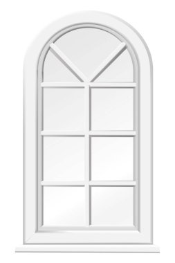 Beyaz çerçeveli pencereler vektör illüstrasyonunu ayarlar. Çeşitli tipte plastik pencere koleksiyonu. İç ve dış unsurlar.