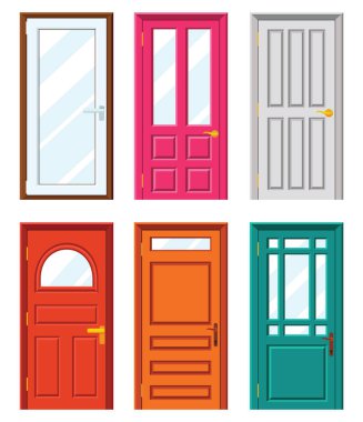 Açık ve kapalı beyaz giriş gerçekçi kapısı beyaz arka plan üzerinde izole.