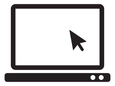 İşaretleyici ya da imleç simgesi olan dizüstü bilgisayar. Not defteri vektör simgesi. Beyaz arkaplanda fareye tıklayarak göster.