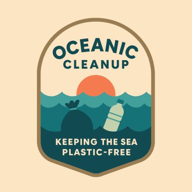Bir logo okyanusu temizlemeyi teşvik ediyor ve onu dalgalar, güneş ve çöplerle plastikten uzak tutuyor. Bu görüntü çevresel nedenleri desteklemek için kullanılabilir.