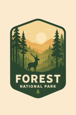 Doğal tasarım projeleri için mükemmel olan park isimlendirmeli bir dağ arka planına karşı bir geyik silueti barındıran sakin orman manzarası.