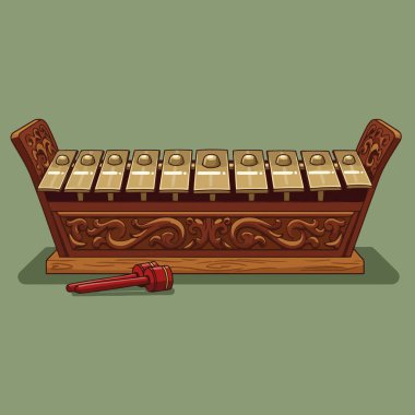 Ahşap oymacılıkla süslü bir gamelan enstrümanı ve yanında tokmaklar olan metal çubuklar müzik temalı tasarımlar için mükemmel bir kültürel ikondur..