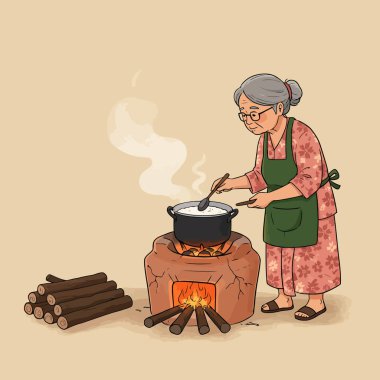 Büyükannem odun ocağında yemek pişirirken aile tarifleri ve geleneksel yemek tarifleri için mükemmel bir tasvir yapıyor..