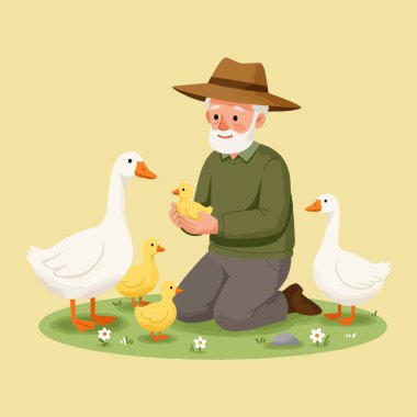 Yaşlı bir çiftçi küçük bir ördek yavrusu tutuyor. Etrafı kaz ve ördek yavrularıyla çevrili. Çimenli bir arazide, çiftlik hayatını ve hayvan bakımını resmediyor..