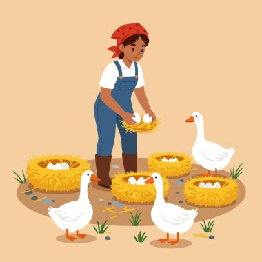 Bir kadın saman yuvalarından yumurta topluyor ve basit bir resimde etrafta kazlar var. Çiftçilik veya tarım temaları ve yayınları için ideal.