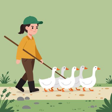 Bir sopayla yürüyen ve kazlara toprak yolda rehberlik eden bir kişinin tasviri kırsal yaşam tarzını ve hayvan bakımı kavramlarını eğitici materyaller olarak kullanılabilir..