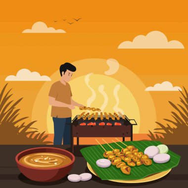 Adam gün batımında et şişleri ve sebzeler pişiriyor. Tabakta sosla servis ediliyor. Arka bahçede barbekü ve yemek kavramları için kullanılıyor..