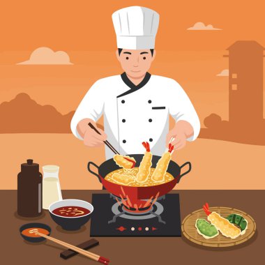 Profesyonel aşçı içeride yemek çubuklarıyla nefis tempura pişiriyor. Yemek ve restoran kavramları için kullanılıyor..