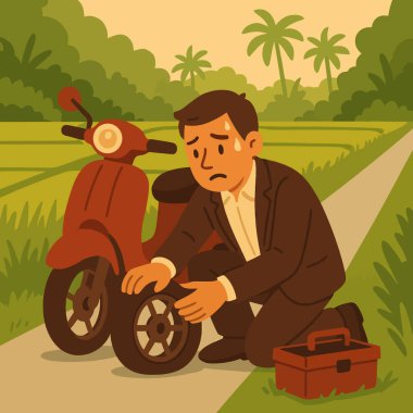 Sıkıntılı adam pirinç tarlalarının yakınındaki bir yolda motosiklet lastiğini kontrol ediyor. Seyahat ve ulaşım temaları için ideal..