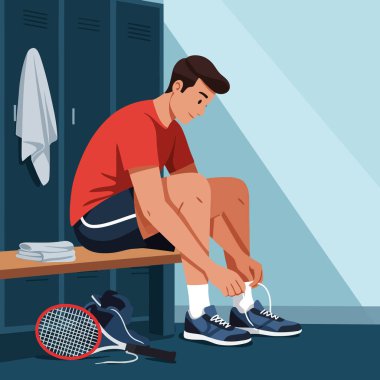 Soyunma odasındaki bankta ayakkabı bağı bağlayan bir adam. Yanında tenis raketi var. Spor ve yaşam tarzı için harika..