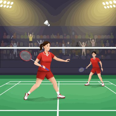 İki badminton oyuncusu kapalı alanda maç yapıyor, spor ve yarışma illüstrasyonları için harika..