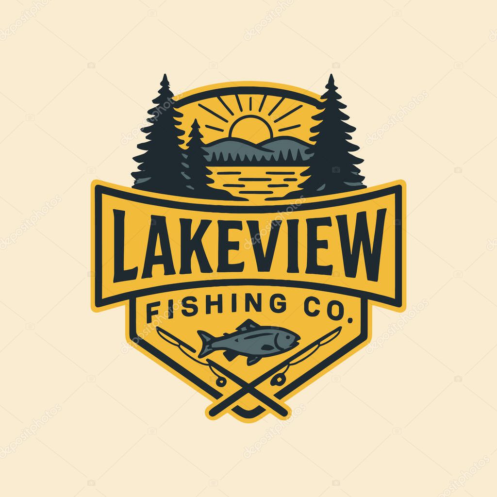 Illustrated lake fishing logo design featuring nature scene with mountains and trees Great for outdoor and recreation designs.