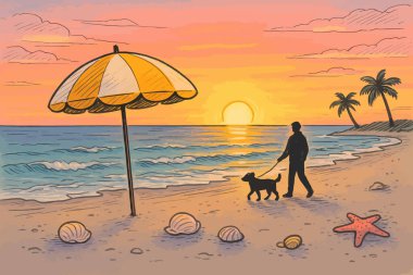 Gün batımında, bir siluet, sahil kenarında bir köpek yürür palmiye ağaçları ve deniz kabukları yakınında; tatil temaları için harika.