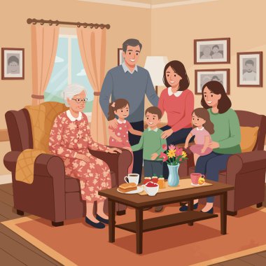 Nesiller boyu aile fertleri sıcak bir salonda toplanıp aile bağları ve ev hayatı teması için birbirlerinin arkadaşlığından keyif alıyorlar..
